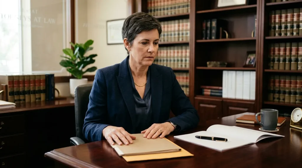 Femme avocate assise à son bureau dans son cabinet juridique