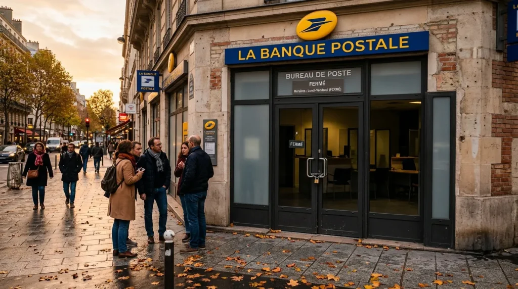 Devanture fermée de La Banque Postale rue parisienne automne