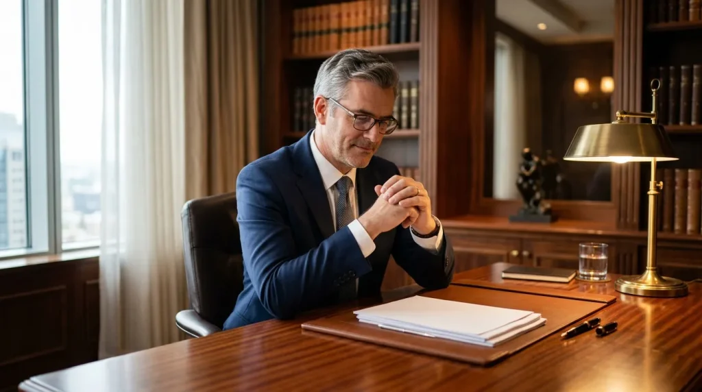 Homme d'affaires en costume bleu travaillant à son bureau