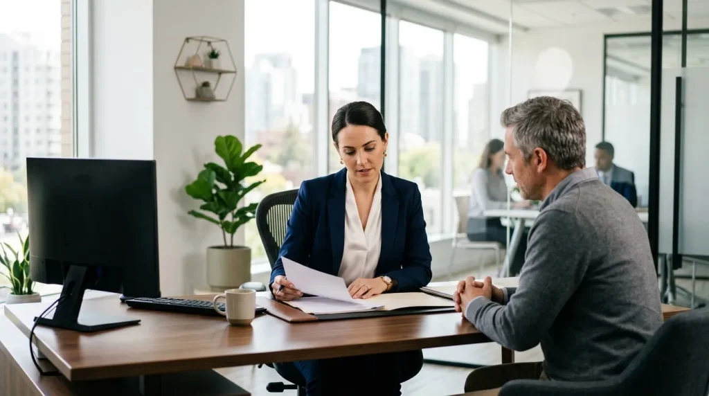 Femme en blazer bleu interviewant un homme dans un bureau vitré