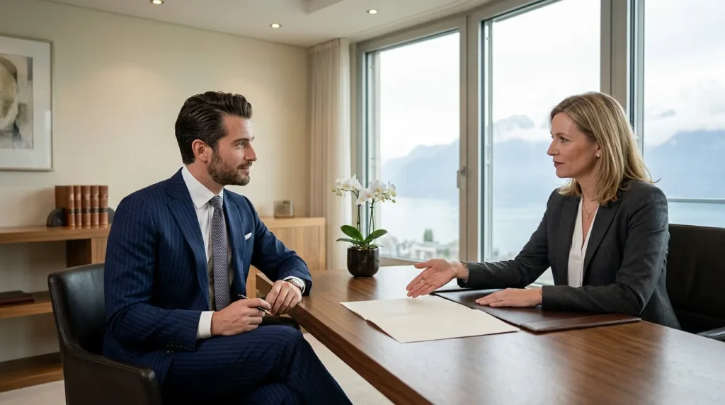 Deux professionnels en discussion à un bureau avec vue panoramique