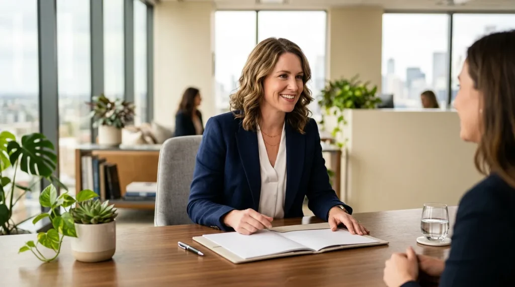 Femme en blazer bleu souriante lors d'un entretien professionnel