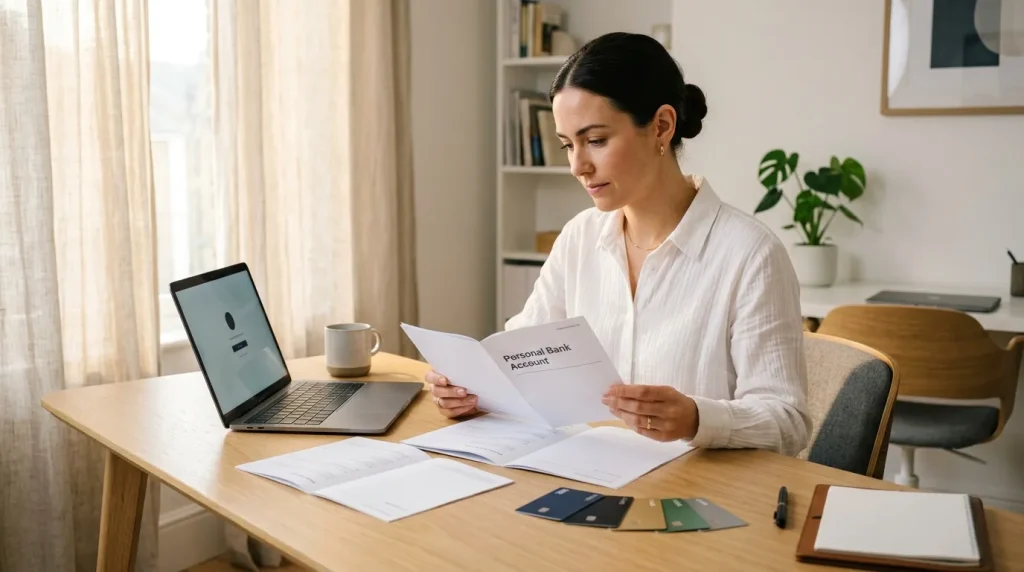 Femme consultant relevé bancaire à son bureau