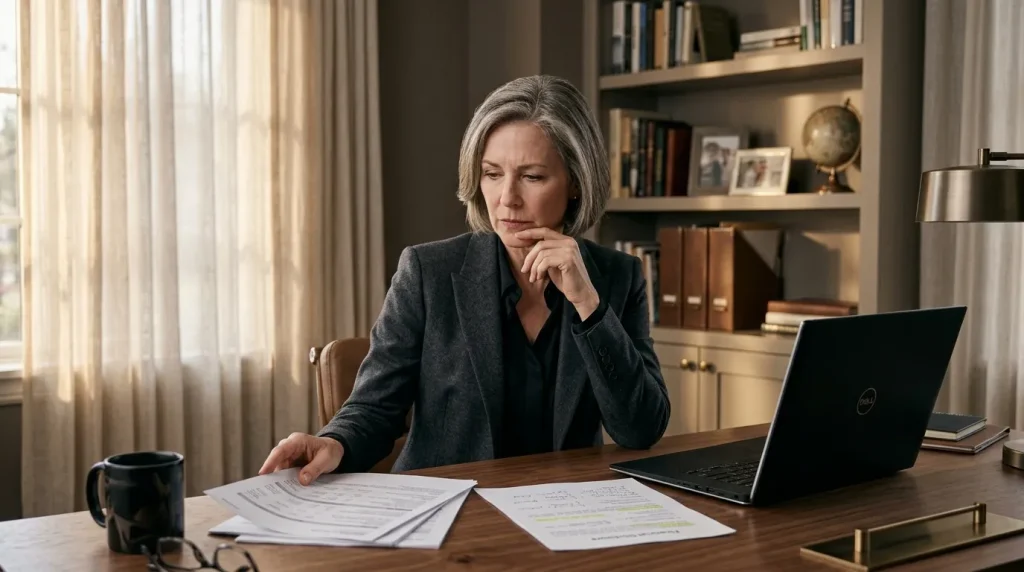 Femme d'affaires travaillant à son bureau avec laptop et documents