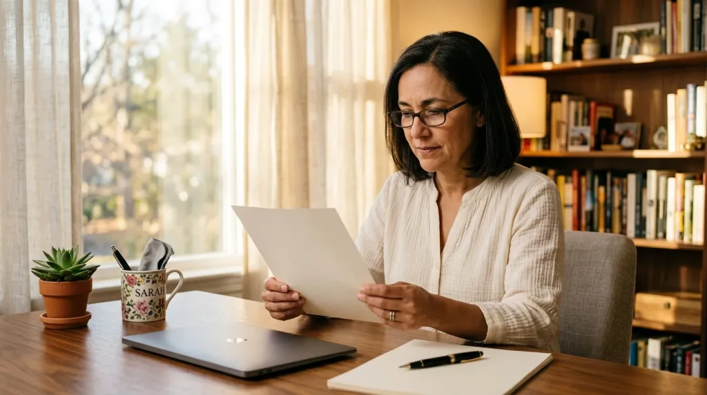 Femme avec lunettes lisant une tablette à son bureau