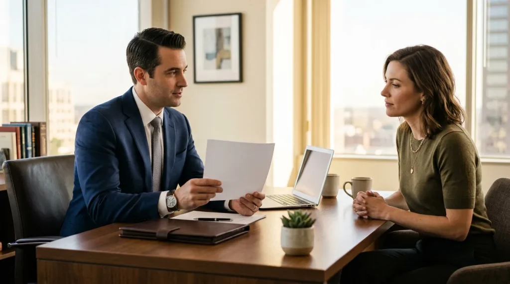 Homme et femme discutent autour d'une table de travail