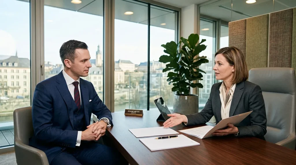 Deux professionnels en discussion dans un bureau avec vue panoramique