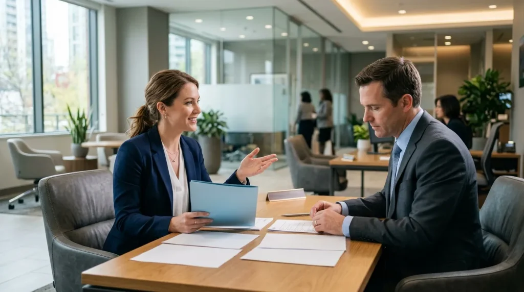 Deux professionnels en discussion à une table de réunion