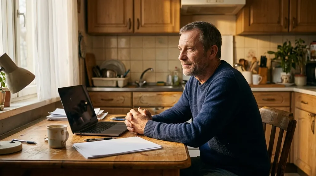 Homme travaillant sur ordinateur portable à table de cuisine