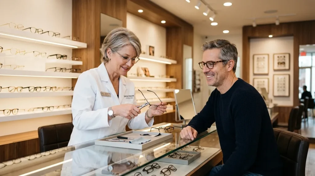 Opticienne présentant des lunettes à un client en magasin