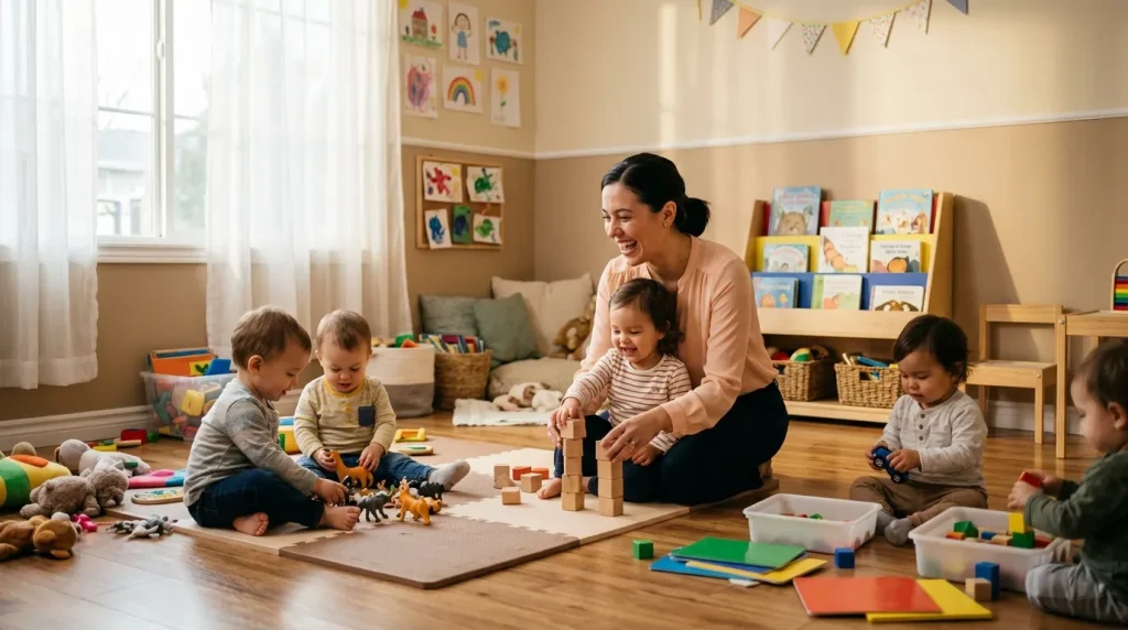 Une éducatrice joue avec des enfants en bas âge dans une salle colorée.