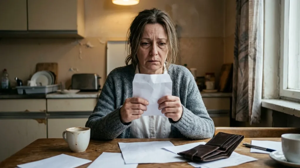 Femme préoccupée regardant documents financiers à table