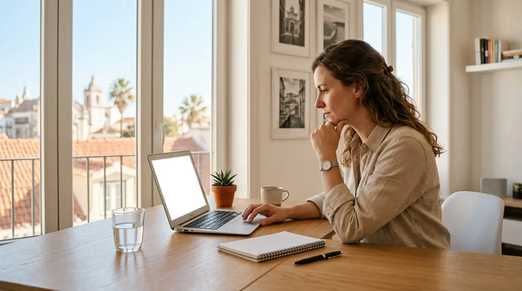 Femme à son bureau avec laptop, vue sur ville méditerranéenne