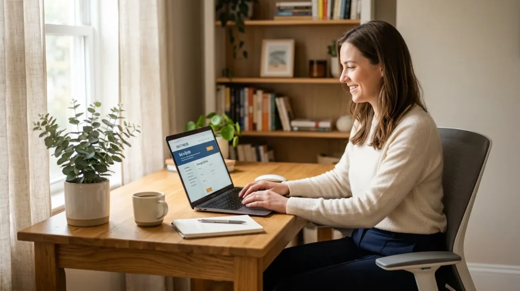Femme souriante travaille sur laptop à son bureau