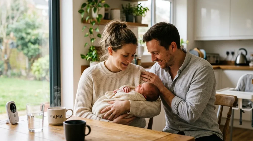 Parents heureux tenant leur nouveau-né dans une cuisine moderne