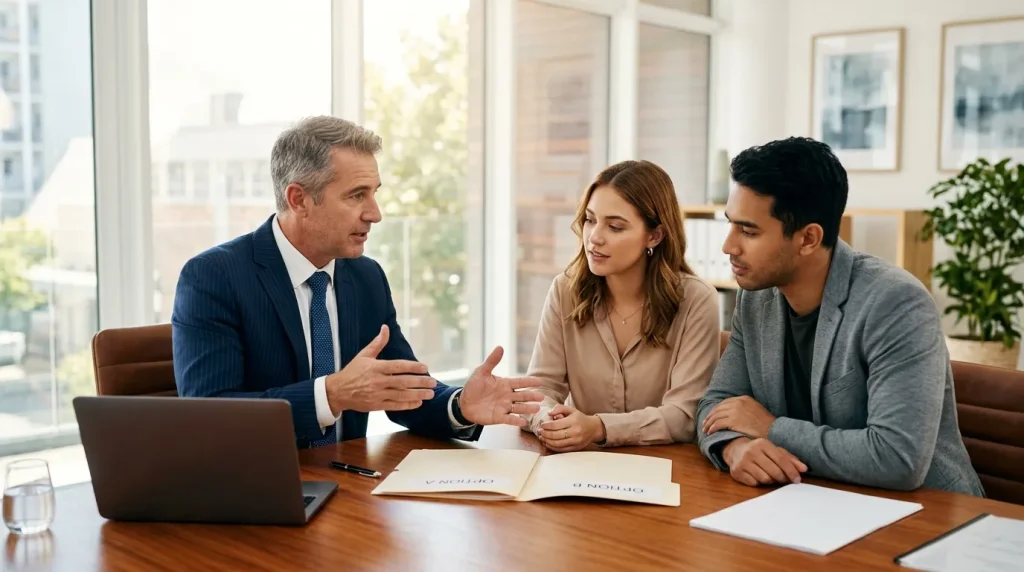 Trois professionnels discutent autour d'une table de réunion
